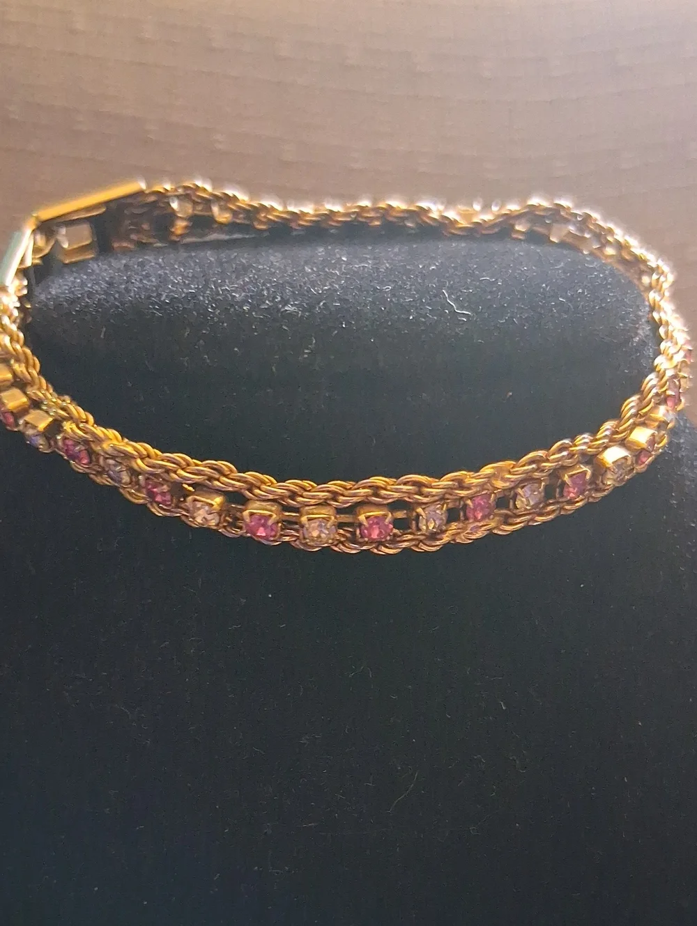 Vintage Yechang pink and clear crystal Glod Tone Tennis Bracelet Costume